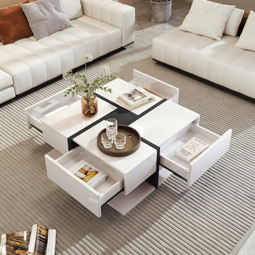 KAZZIO, tavolino da salotto con 4 cassetti, combinazione unica di colori e design lineare, spazio di archiviazione in basso, 78x78x36 cm (Bianco e Nero)