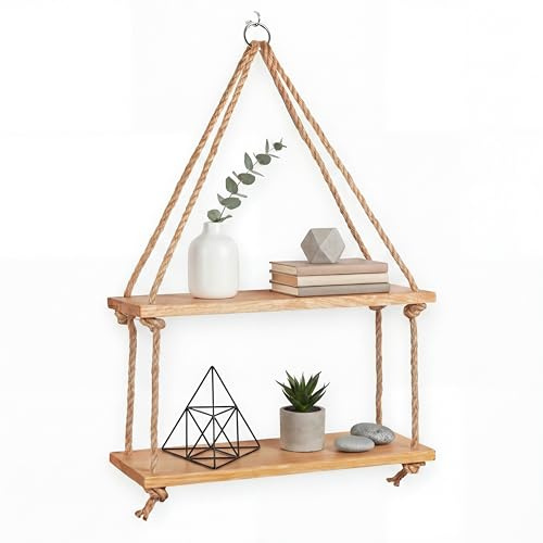 Heimatspäne Hängeregal Holz aus Eiche 40cm mit Juteseil – Wandregal Eiche massiv zum Aufhängen inkl. Montagematerial – Holzregal hängend in echter Handarbeit gefertigt