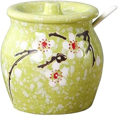 OTENG tazón de cerámica de azúcar, Azucarero de cerámica, coctelera de especias de flores, tarro de almacenamiento de sal con tapa, cuchara(Green)