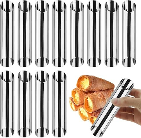 12 Pcs Cannoli Tubes, Non Stick Cannoli Moulds 5inch, Stainless Steel Cream Roll Mold for Baking Dessert Bread Danish Pastry Pancake Crisps (Silver)
