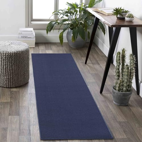 Simple Low Pile Plain Runner Rug, Felt Backed, Navy, 60x220cm