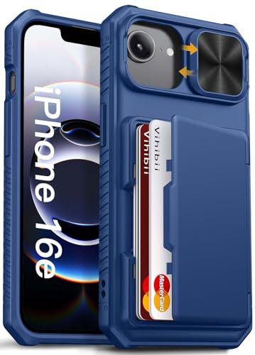 Vihibii for iPhone 16e Case with Card Holder (4 Cards), [RFID Blocking] & Slide Camera Cover & Raised Edge Protect Screen, Shockproof Rugged Phone Case Cover for iPhone SE4 6.1 2025, Blue
