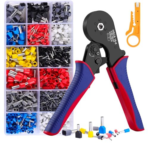 HOZKUY Kit d'outils de sertissage de virole, 0,08-16 mm², ensemble de pinces à sertir avec 1200 connecteurs (225 bornes à double fil), AWG 30-6 à cliquet auto-réglables pour câbles de sertissage 6