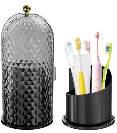 Multifunctional Rotating Toothbrush Holders with Sliding Lid, The 3-Slot Bathroom Countertop Vanity Organizer Perfect for Tooth Brush, Toothpaste, and Makeup Brushes Holder Storage (Black)