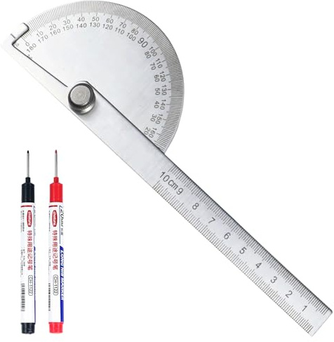 Winkelmesser Set, 0-180° Goniometer aus Stahl mit 100 mm Skala Lineal, Gradmesser Metall mit Feststellschraube, Set mit Markierungsstift, für Schule Tischler DIY Malerei Zeichnung (Silber)