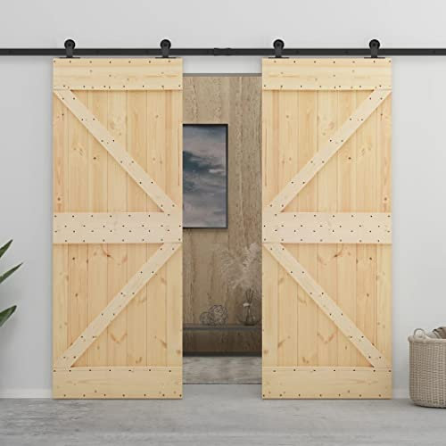 Porte Coulissante en Pin avec Kit de Rail, Porte à Décoré de Grange Intérieur Suspendue pour Cuisine Salle de Bain avec kit de quincaillerie 90x210cm Pin massif