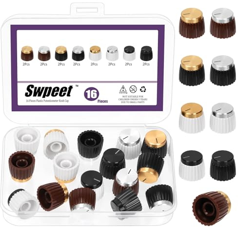 Swpeet 16 Stück 8 Farben 20x16mm 6mm Knurled Welle Push-on Potentiometer Knopf Sortiment Kit, Kunststoff & Metall Potentiometer Volumen Control Drehknopf, Knopf für Verstärker