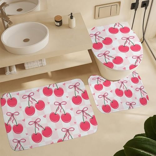 Badgarnitur 3 Teilig Rosa Kirschen und Schleifen Bänder kariert U-Form Badteppich WC Matte Flauschig,rutschfest für Badezimmer Dekoration