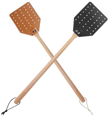 Juego De 2 Matamoscas De Cuero con Mango De Madera, Robustos Y Ecológicos, Destructor De Insectos for Uso Interior Y Exterior