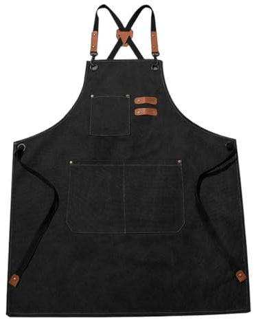 Delantal de trabajo – Delantales de cocina, resistente a las manchas, con tres bolsillos, bolsa de lona para restaurante, salón, barbacoa, hornear, cocina, cerámica, carpintería, taller, Negro