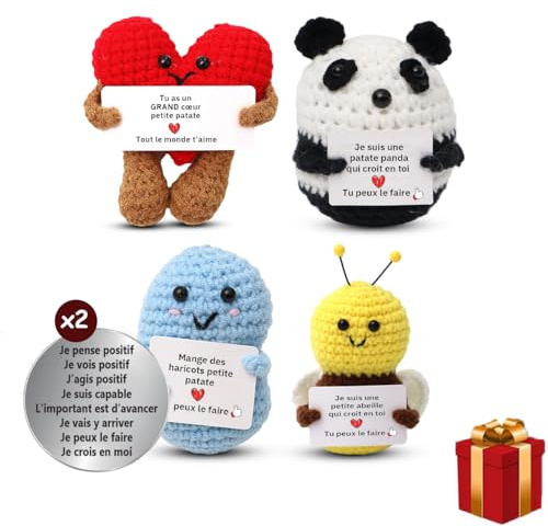 nedit Patate avec Message Positif - Idée Cadeau Original - Cadeau Anniversaire Femme/Homme/Ado/Enfants - Patate Tricotée pour la Confiance en Soi - Gadget Insolite Rigolo (Lot de 4 patates)