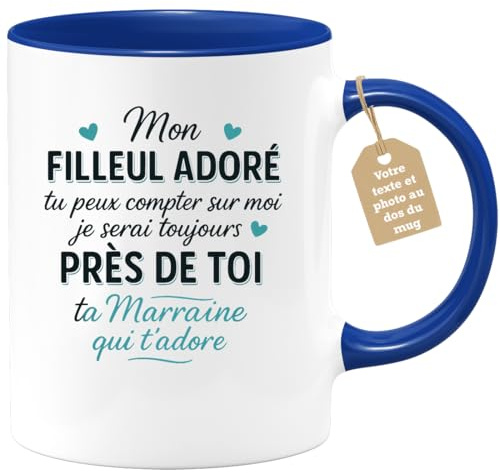 quotedazur Café-Croissant - Mug Personnalisé Tasse Cadeau Noël Mon Filleul Adoré Tu Peux Compter Sur Moi Je Serai Toujours Près De Toi Ta Marraine Qui T'Adore - Bleu/Céramique