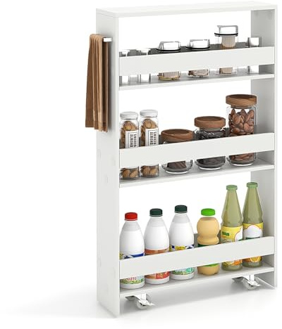 KOMFOTTEU Carrito de Cocina 4 Niveles Estrecho con Ruedas (Blanco) | Carro Auxiliar con Asa, Estante Nicho Ahorra Espacio, Mueble de Almacenaje para Cocina, Baño y Oficina, 48 x 13 x 81 cm