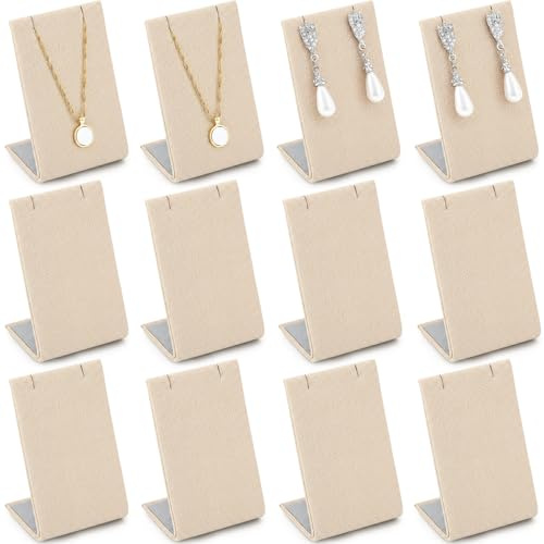 RattanView 12 Pieces Velvet Earring Display Stand Necklace Pendant Jewelry Stand Showcase Organizer Display Holder for Earring Pendant Accessory Rack(Linen Color,Straight Style,Linen)