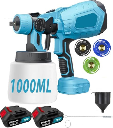 Spritzpistole, mit Akku 2 x 3000 mAh und Ladegerät Pistole zum Lackieren von Wänden, Decken, Gartenzaun, Farbspritzpistole & Sprühgerät 1000 ml, Abnehmbarer Behälter