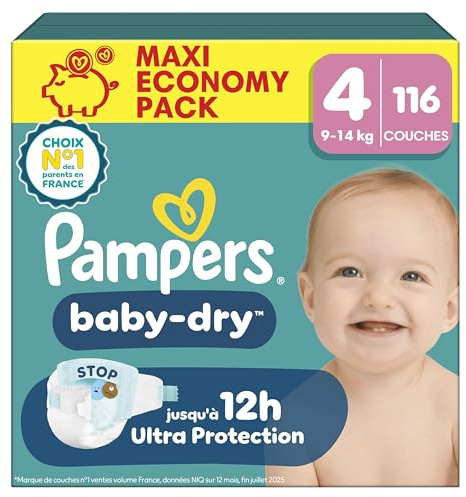 Pampers Baby-Dry Couches Taille 4 x116 | 9kg-14kg. Avec Une Poche Stop & Protect À L’Arrière De La Couche Pour Une Nuit Jusqu'À 100% Sans Fuites.