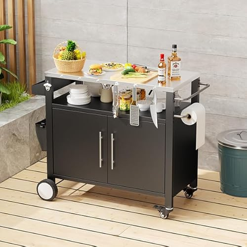 FammyLoft Metallschrank Outdoor mit Stauraum, Gartenschrank Wetterfest mit Haken und Gewürzregal, Outdoor Küche mit 360°-Rollen, für Terrasse/Balkon/Garten, Werkzeugschrank, Wetterfest