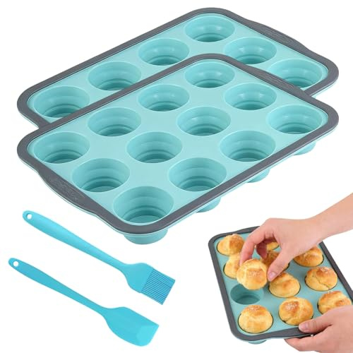 Forma per Muffin in Silicone con Telaio in Metallo, Teglia per Muffin Antiaderente Senza BPA, Include Pennello in Silicone e Spatola (2, Blu, 12 Scompartimenti)