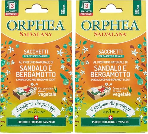 Orphea Salvalana, Sacchetti per Cassetti e Armadi, Per Lana e Vestiti Tutta la Stagione, Profumo di Sandalo e Bergamotto, 3 Sacchetti in Carta di Canapa (Confezione da 2)
