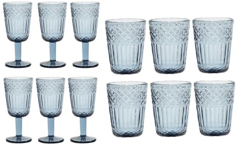 Set 12 Bicchieri e Calici Imperial blu in Pasta di Vetro blue Antico con Lavorazione a Rilievo 30cl Servizio Tavola Vintage Alta Resistenza per Acqua Vino e Cocktail eleganza e particolarità in tavola