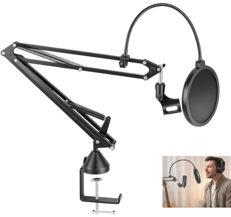 Microphone Arm Stand, Mic Arm Mic Stand, Adjustable Suspension Mic Boom Arm for Podcast Gaming Streaming Recording, with Desk Clamp and 3/8 to 5/8 Screw Adapter, Black