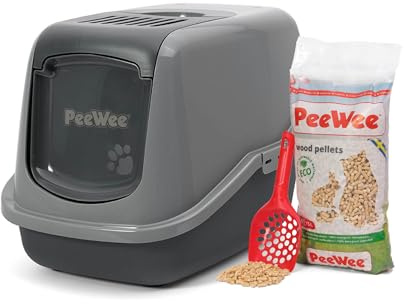 Katzentoilette PeeWee EcoHus Katzenklo mit Haube Katzen WC geschlossen inkl. 3kg Streu Holzpellets, Farbe: Grau