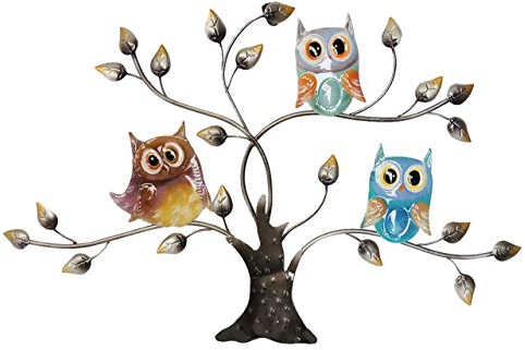 CIM Metall Wand-Deko - tierische 3D Wandbilder - Wandschmuck inkl. praktischer Wandbefestigung - lebhafte Wandskulptur (Eulen Baum)