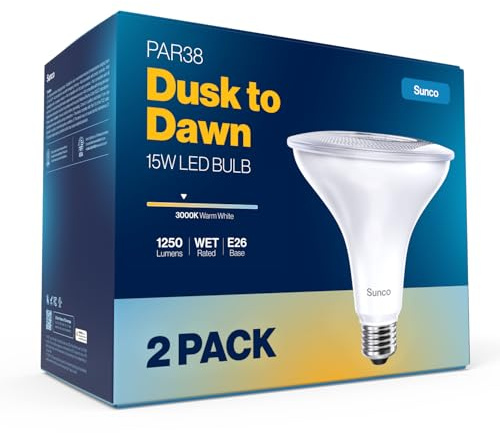 Sunco 2 Pack PAR38 LED Flood Light Bulb, Dusk to Dawn, E26, 15W=120W
