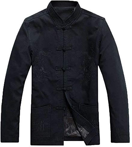 G-LIKE Kampfkunst Kung Fu Jacke - Traditionelle Chinesische Tangzhuang Jacket Herren Kostüme Tai Chi Wing Chun Lange Ärmel Kleidung Uniform Stehkragen Drachen Stickerei (Schwarz, XL)