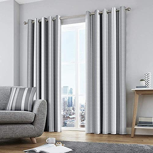 Fusion Cojín de Rayas Whitworth, Gris, Curtains: 90 Width x 90 Drop (229 x 229cm)