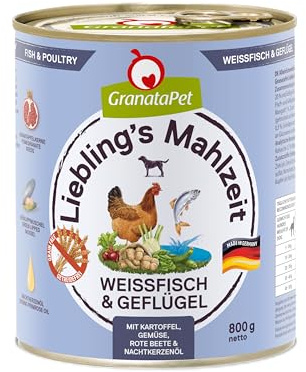 GranataPet Comida Favorita para Pescado Blanco y Aves de Corral, Comida húmeda para Perros, Comida para Perros sin Cereales y sin azúcares, pienso Completo, 6 x 800 g