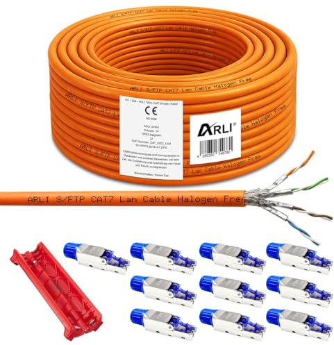 ARLI 100m Cat7 Verlegekabel + 10x RJ45 Netzwerkstecker Cat8.1 + Abisoliermesser Installationskabel Datenkabel S/FTP geschirmt LSZH halogenfrei Werkzeuglose Montage Ethernet Netzwerkkabel