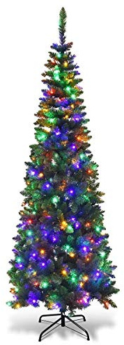 6Ft/1.8m Pre-Lit Artificial Slim Christmas Tree Green Pencil Tree, Pointed Tips, Metal Stand Multicolour LEDs Lights Holiday Home Decorations