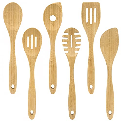 Dehaus® Premium Bamboo Kitchen Utensils - Set of 6 - Luxury Wooden Spoons, Slotted, Pointed Spoon, Spatula, Slotted Fish Slice & Spaghetti Server - Wood Cooking Tools for Non-Stick Pan or Wok
