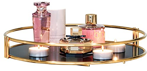 Vassoio Decorativo in Metallo Rotondo-Vassoio Elegante per la Centrotavola-Porta Profumi da Camera-Organizzatore Vassoio Gioielli Cosmetici-Porta Candele-Base Acrilico Nero-Diametro 28 cm (ORO)