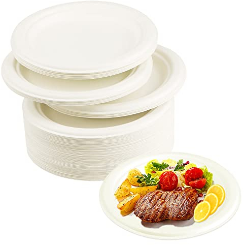 doesnotapply 50 Pcs Disposable Bagasse Plates 7 Inch Extra Strength Eco-Friendly Party Plates Biodegradable and Compostable for Parties White