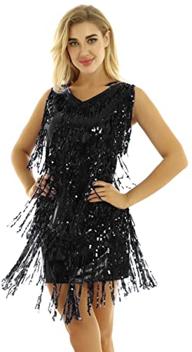 Manyakai Womens Tassel Dress Latin Dancer Outfit Cocktail Dress Waltz Tango Performamce Dance Costume Black XXL