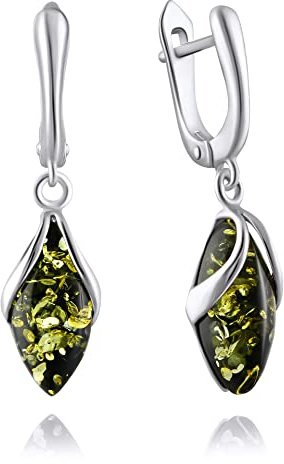 Ohrringe Bernstein Tropfe in Sterling Silber 925, Farbe - Grün, Hängeohrringe Silber 925 Bernstein, Sommer 2021 Kollektion