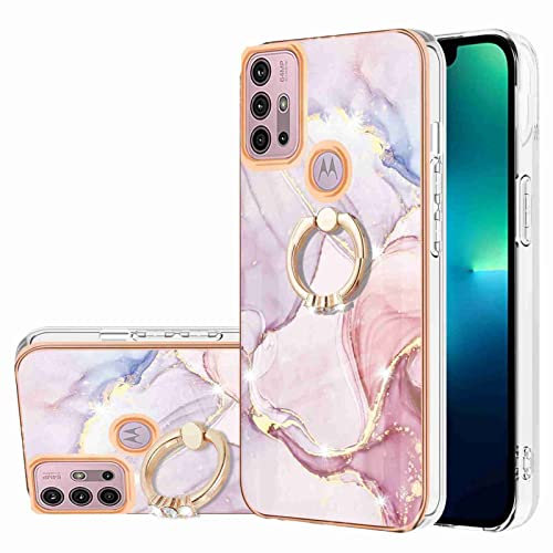 Reevermap Case Compatible with Moto G30/ G10, Ring Holder Shockproof Silicone Marble Phone Cover Finger Kickstand Soft Metallic Anti Scratch TPU Rubber Bumper, Rose Gold