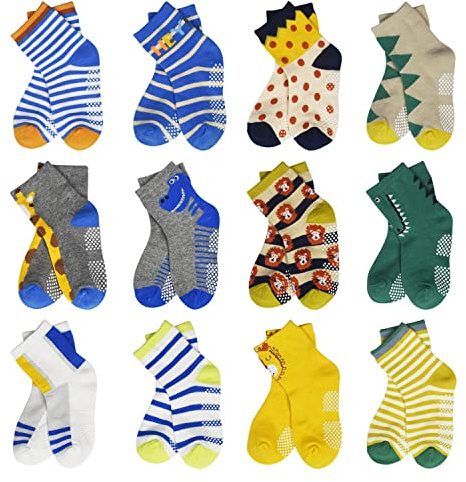 HYCLES Baby ABS-strumpor barn 0–7 år, 12 par stoppstrumpor, barn, halkfria strumpor, barn, pojkar, flickor, 23–26, 27–30, småbarn, strumpor, baby, 0–6–12–18 månader (05 enfärgade ränder, 5-7 År