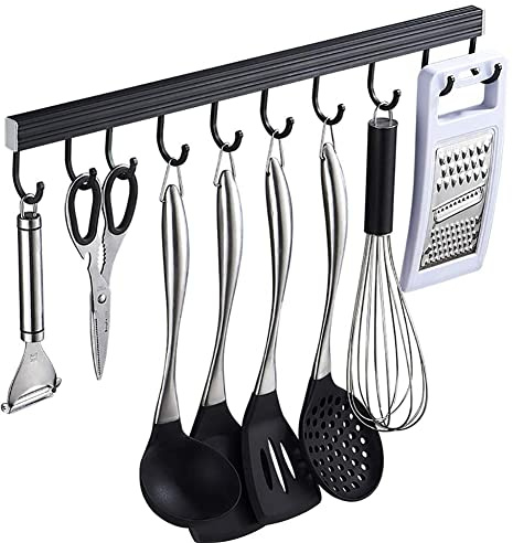 Z·Bling Hakenleiste Küchenhelfer Hängeleiste 14 Haken ohne Bohren, Selbstklebender Kleber, Aluminium, Schwarz Finish (80cm/16Hooks)