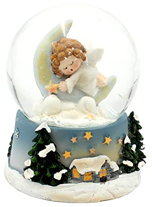 Dekohelden24 Wunderschöne Schneekugel, Engel auf Wolken schlafend auf Mond, auf aufwendig dekoriertem Sockel, Maße L/B/H: 6,5 x 6,5 x 9 cm Kugel Ø 6,5 cm