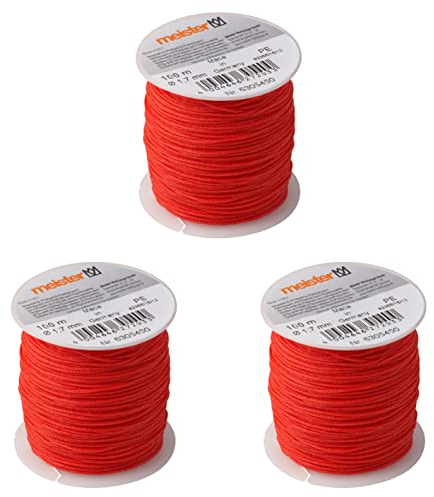 Meister 6305450 - Corda per muratore, 3 pezzi, lunghezza 100 m, diametro 1,7 mm, in polipropilene intrecciato, antistrappo, resistente, su bobina, linea di costruzione, colore: Rosso