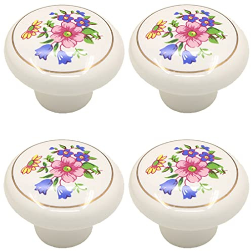 Tverghvad Handbemalte Schubladenknöpfe aus Keramik, 4 Stück, Vintage-Blume, bemalt, Schrankknöpfe und Ziehen, Küchenmöbelknöpfe für Kommode, Schrank, Kleiderschrank, Schrank (Blumenweiß, 4 Stück)