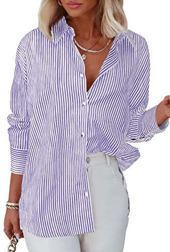 Homlan Bluse Damen Langarm Streifen Business V-Ausschnitt Casual Oberteil | Arbeit Hemd, Locker, Knöpfleiste Hemdbluse, Lässiges Tunika, Button Down, Büro, Freizeit