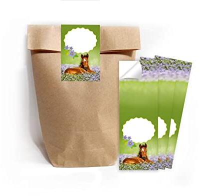 6 Geschenktüten (natur) + 6 Aufkleber Pferd Geschenktüten für Mitgebsel Gastgeschenk einpacken beim Kindergeburtstag Mädchengeburtstag
