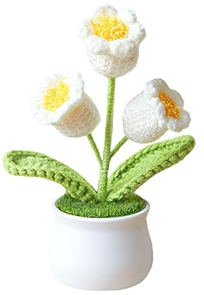 Orchidea artificiale a forma di campana, fiori lavorati a maglia, piccola orchidea in vaso lavorata a maglia, per cruscotto auto, decorazione per console centrale all'uncinetto, decorazione