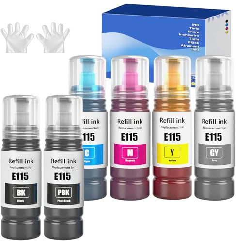 SHUOLEI 115 Tinte Kompatibel mit Epson 115 Tintenpatronen Multipack für EcoTank L8160 L8180 (6-Pack，Pigment Schwarz/Schwarz/Cyan/Magenta/Gelb/Grau)