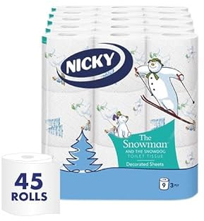 Nicky Snowman, 45 Rolls of Toilet Tissue, 3-Ply | 168 Sheets per roll, The Offical Snowman and Snowdog Decorated Sheets, 100% FSC Certified Paper