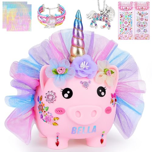 MHJY Piggy Bank for Kids Unicorn Money Box Girls Unbreakable Resin Child Saving Bank Cute Large Coin Banks with Necklace Bracelet DIY Stickers Birthday Set